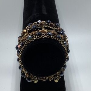 Gold Tone Multi Chain Link Faceted Beaded Bracelet Adjustable